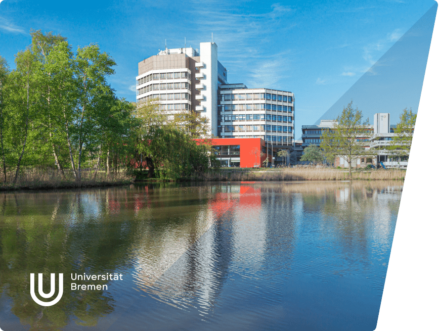 Photo of several University of Bremen buildings, the Mensa pond, and an image of the University of Bremen logo.