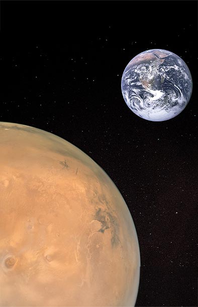 Technical visualization of planet Mars in the foreground, Earth in the background.