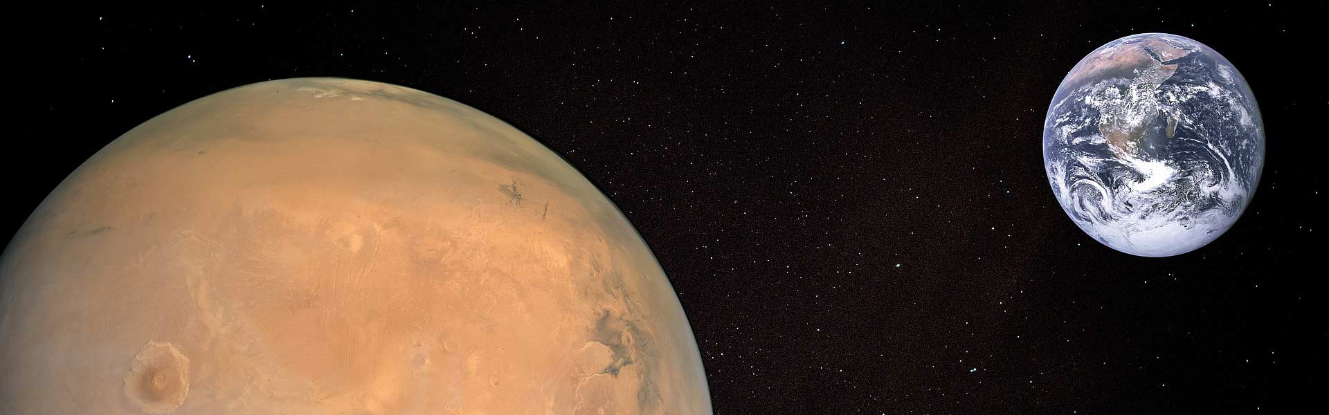 Technical visualization of planet Mars in the foreground, Earth in the background.