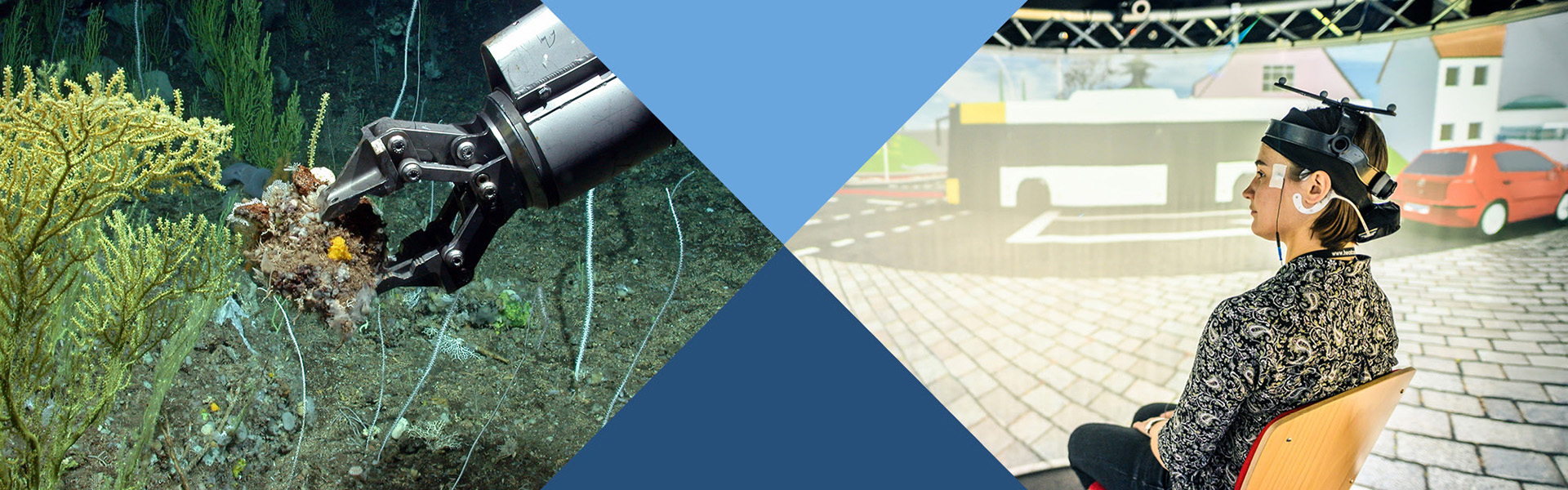 Bildcollage aus zwei Bildern mit farbigen Dreiecken: Eine Frau sitzt in einer Testumgebung und trägt ein H4a-Hörsystem. Ein Unterwasser-Roboterarm entnimmt eine Bodenprobe vom Meeresboden.