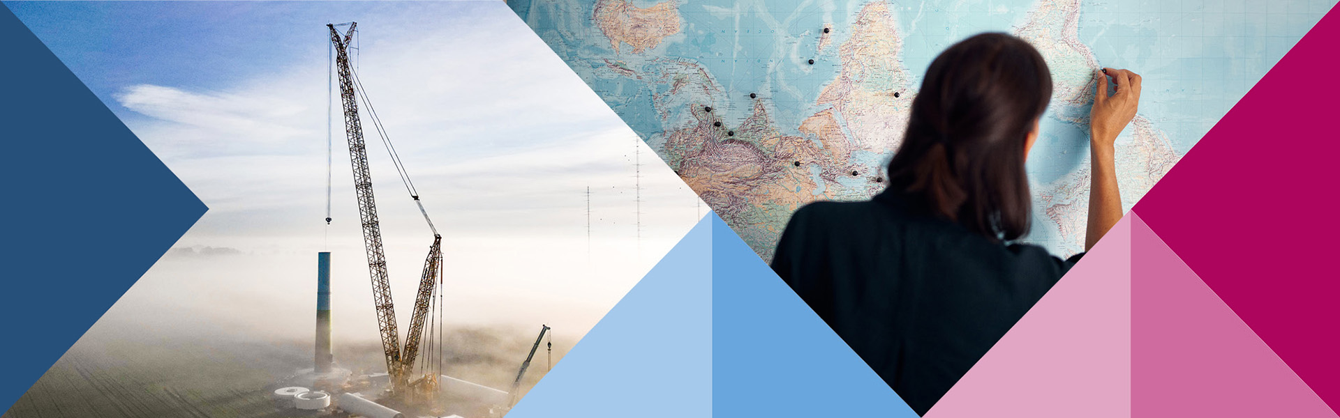 Bildcollage mit farbigen Dreiecken: Links steht ein großer Kran im Nebel; rechts markiert eine Person Punkte auf einer Weltkarte.