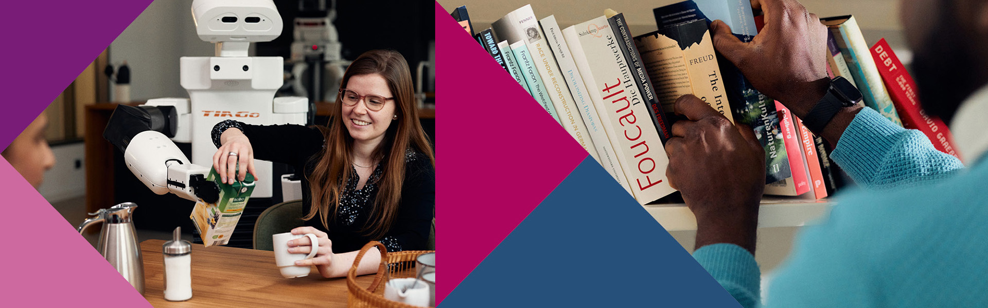 Bildcollage mit farbigen Dreiecken: Links unterstützt ein Roboter eine Frau beim Einschenken eines Saftes in eine Tasse, rechts entnimmt eine Person ein Buch aus einem Bücherregal.