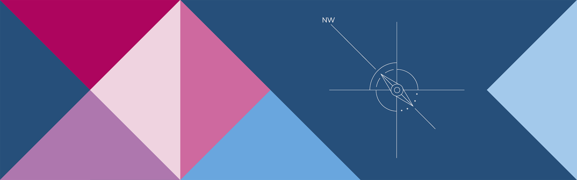 Abstrakte geometrische Grafik mit farbigen Dreiecken in Pink-, Blau- und Violetttönen sowie einer schematischen Kompassdarstellung auf dunkelblauem Hintergrund.