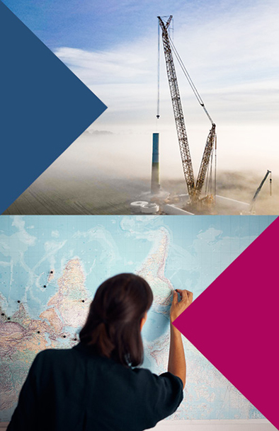 Bildcollage mit farbigen Dreiecken: Oben steht ein großer Kran im Nebel; unten markiert eine Person Punkte auf einer Weltkarte.