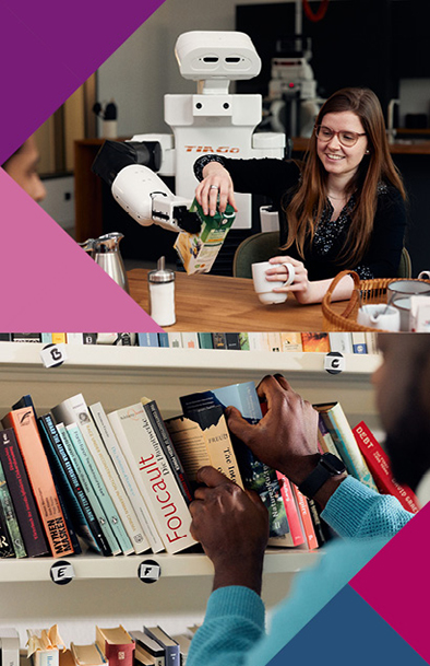 Bildcollage mit farbigen Dreiecken: oben unterstützt ein Roboter eine Frau beim Einschenken eines Saftes in eine Tasse, unten entnimmt eine Person ein Buch aus einem Bücherregal.