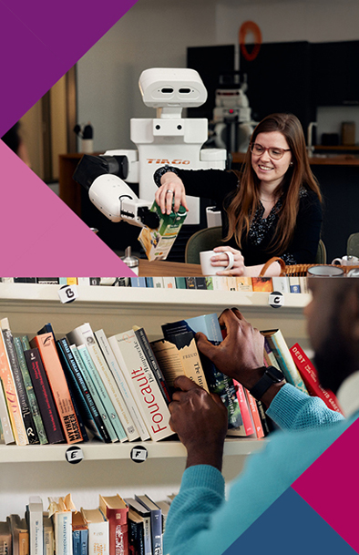 Bildcollage mit farbigen Dreiecken: oben unterstützt ein Roboter eine Frau beim Einschenken eines Saftes in eine Tasse, unten entnimmt eine Person ein Buch aus einem Bücherregal.