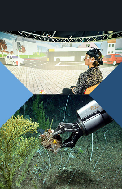 Bildcollage aus zwei Bildern mit farbigen Dreiecken: Eine Frau sitzt in einer Testumgebung und trägt ein H4a-Hörsystem. Ein Unterwasser-Roboterarm entnimmt eine Bodenprobe vom Meeresboden.