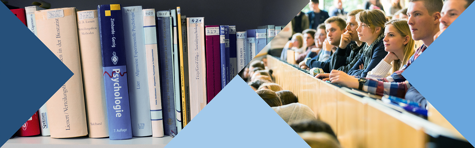 Collage aus Büchern und Studierenden im Hörsaal.