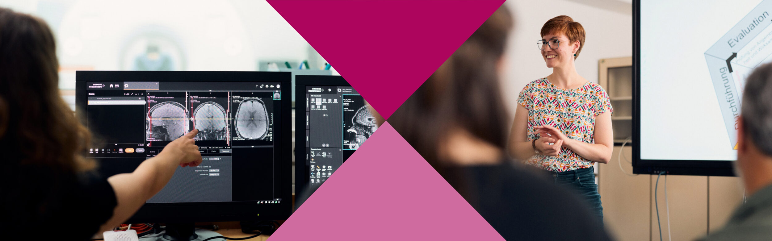 Collage einer Frau, die einen Vortrag hält und einer Frau, die auf einen Bildschirm zeigt.