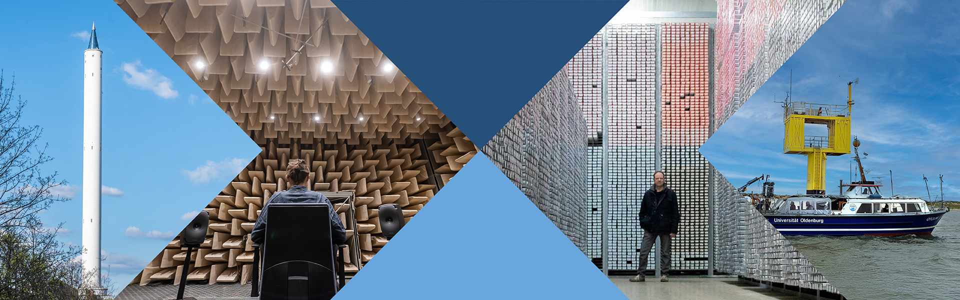 Verschiedene Collagen der Infrastrukturen der Universitäten Bremen und Oldenburg: Fallturm, Hörforschungszentrum, Bohrkernlager und Forschungsschiff beim Messpfahl in Spikeroog