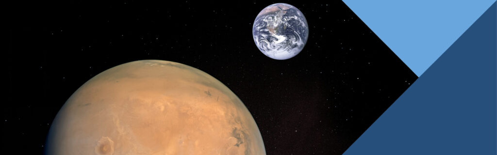 Technische Visualisierung der Marsansicht im Vordergrund, Erde im Hintergrund.