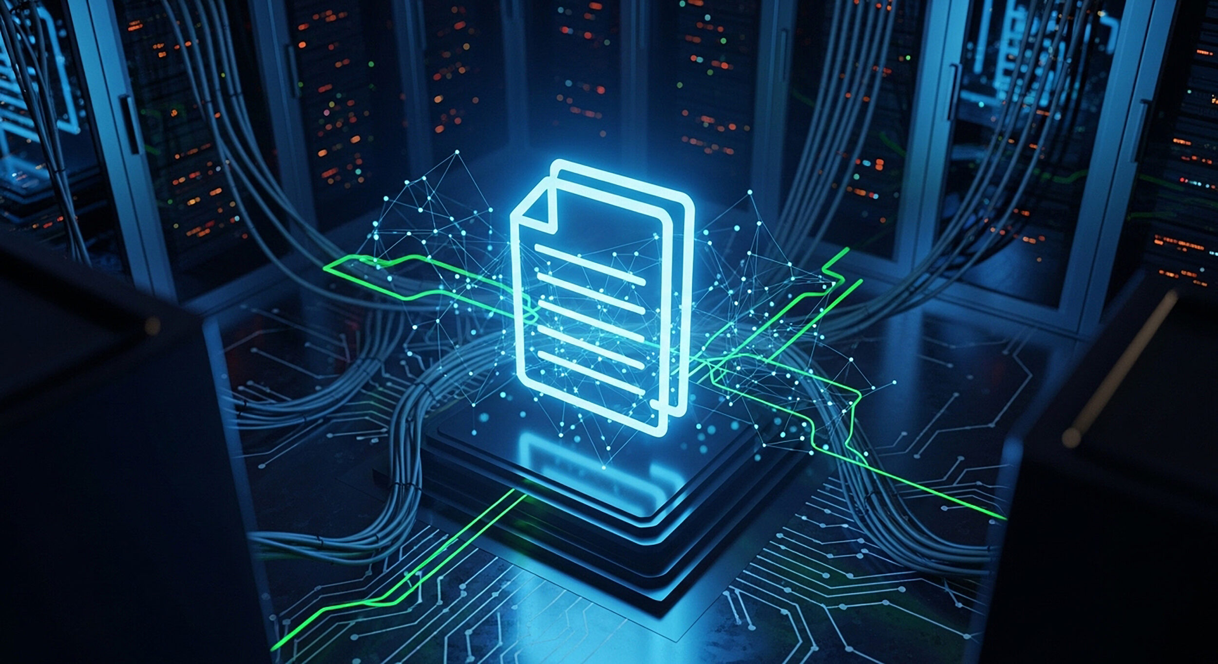 Ein Symbol für ein digitales Dokument, das über einem Serverprozessor in einem Hightech-Rechenzentrum schwebt und für Cloud-Speicher, Datenmanagement und IT-Infrastruktur steht