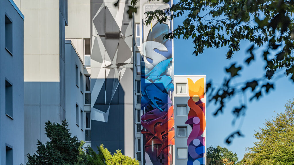 Drei Murals auf Wohnhäusern