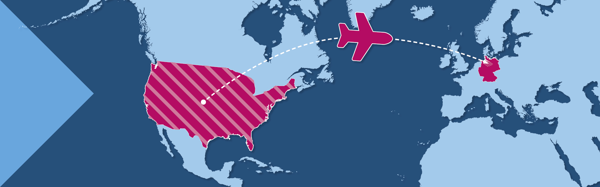 Map showing a travel route with a dashed line and an airplane icon, connecting the striped-patterned USA to Germany. The map background is dark blue.
